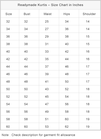 Readymade kurtis size chart