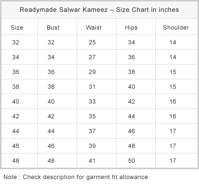 Readymade salwar size chart