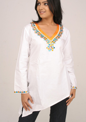 Stone Embroidered White Cotton Kurti