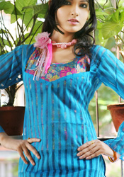Self Striped Full Sleeve Blue Kurti
