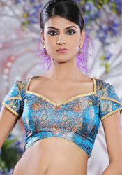 Overlapping Sleeve Blue Brocade Blouse