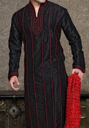 Vertical Paneled Black And Red Kurta Pyjama