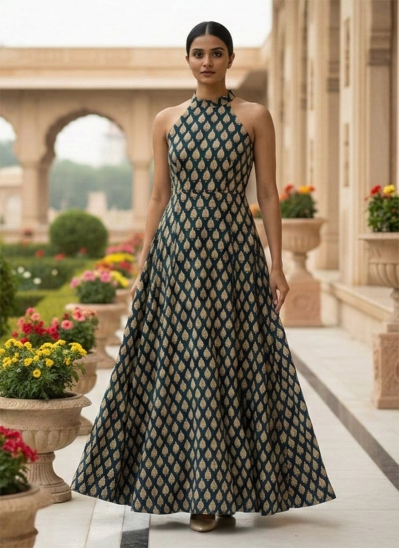     Navy Chinon Indo Western Maxi Dress After Six Wear