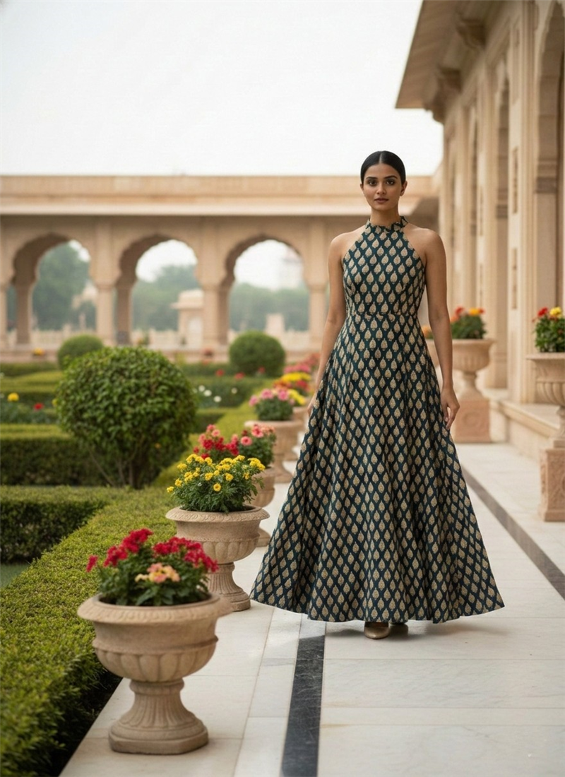     Navy Chinon Indo Western Maxi Dress After Six Wear