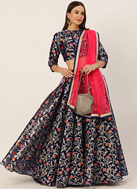 Blue Jacquard Viscose Lehenga Set