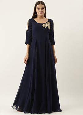 Teen Girls Embroidered Navy Blue Georgette Gown