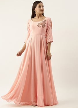 Embroidered Peach Georgette Gown
