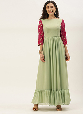 Green Georgette N Magenta Embroidered Dress