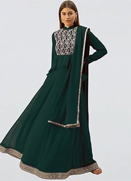 Long Choli Full Sleeve Green Georgette Lehenga