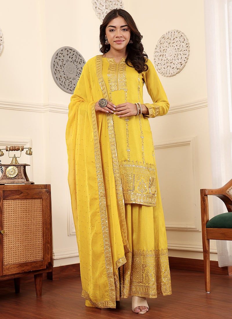  Mustard Embroidered Silk Palazzo Suit Festive Wear