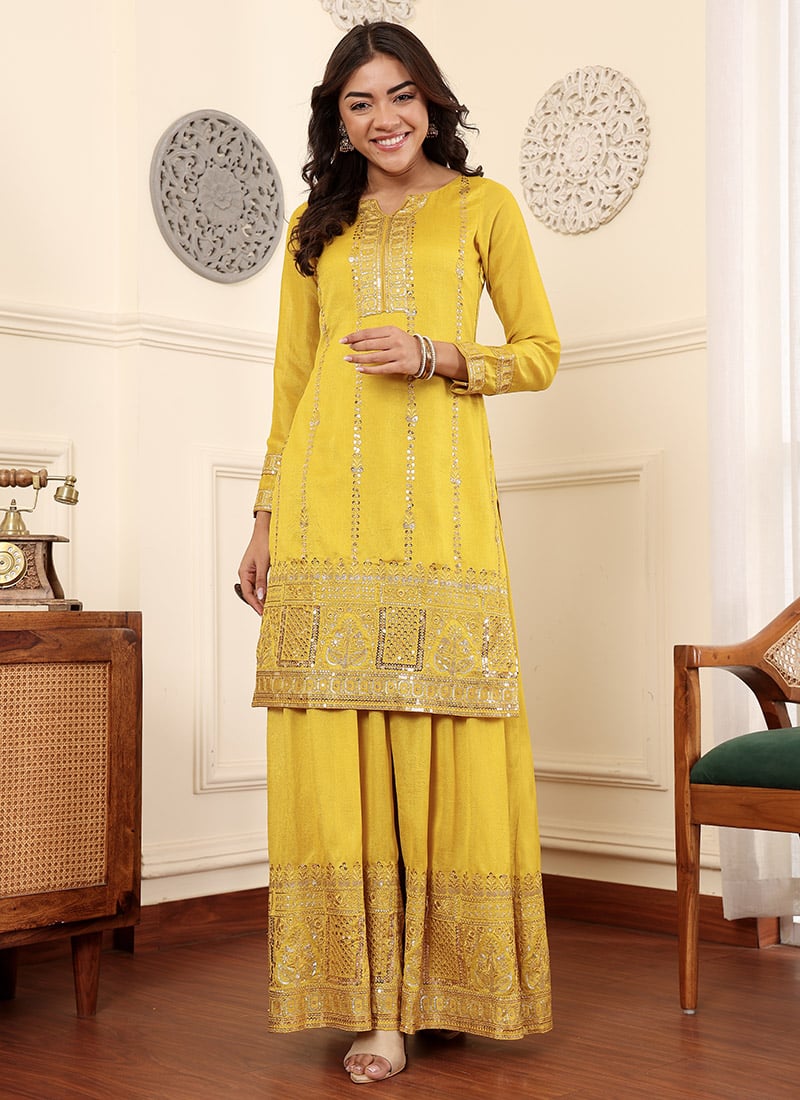 Mustard Embroidered Silk Straight Top