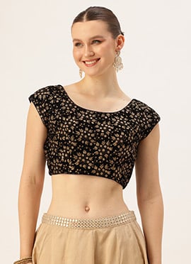 Navy Blue Embroidered Velvet Blouse