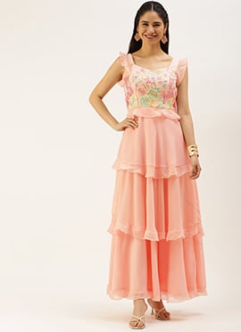 Teen Girls Teen Girl Peach Embroidered Tiered  Gown