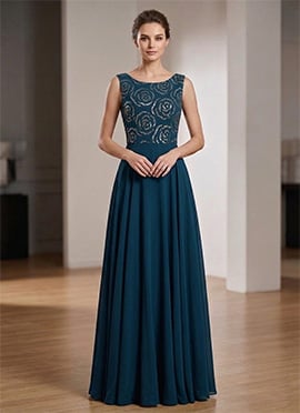Teal Faux Georgette Embellished Evening Gown