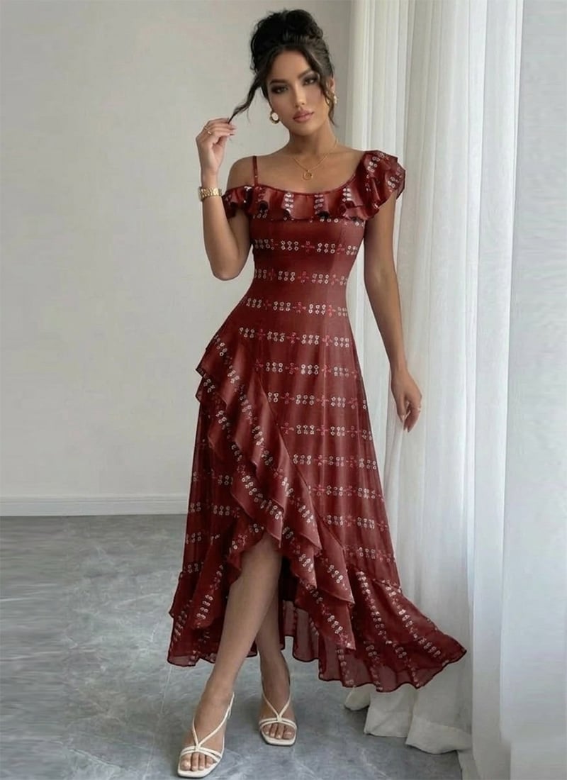  Wine Georgette Ruffle High Low Dress Party Wear