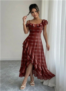 Wine Georgette Ruffle High Low Dress
