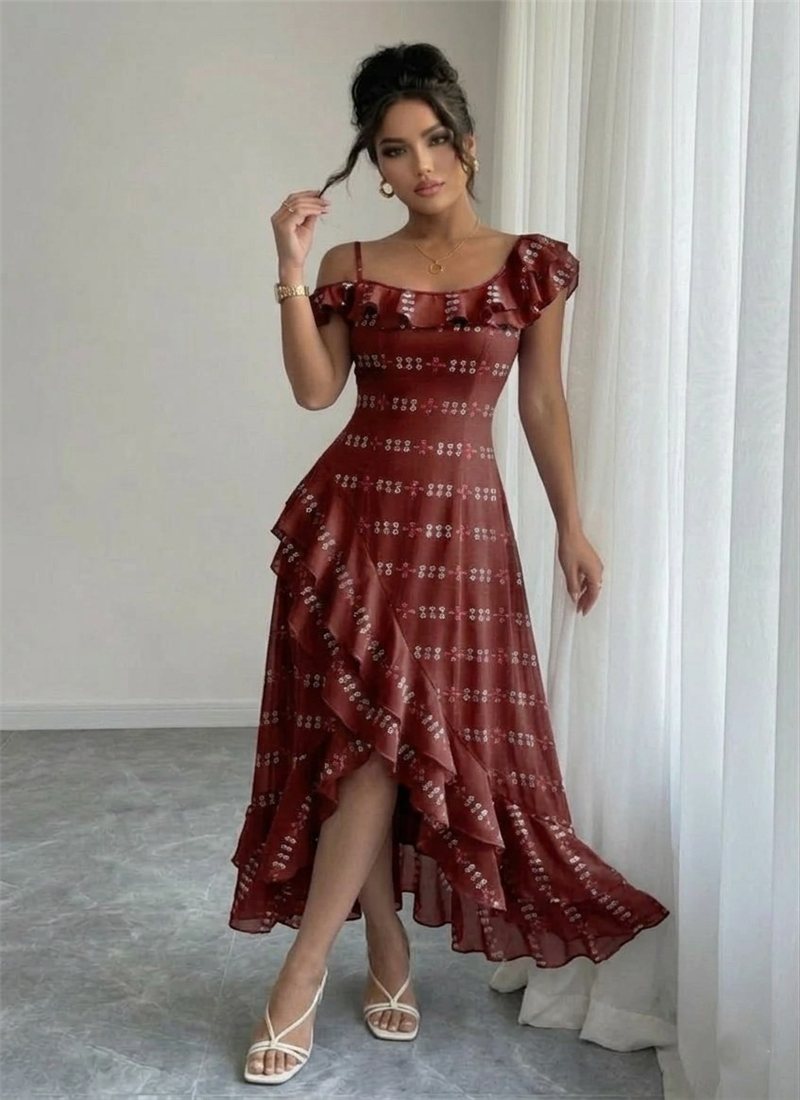 Wine Georgette Ruffle High Low Dress Party Wear