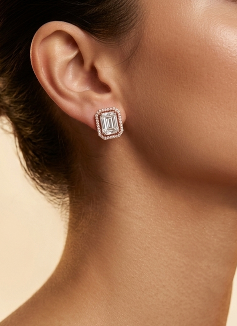 925 Sterling Silver Moissanite Emerald Cut Classic Halo Stud Earrings After Six Wear