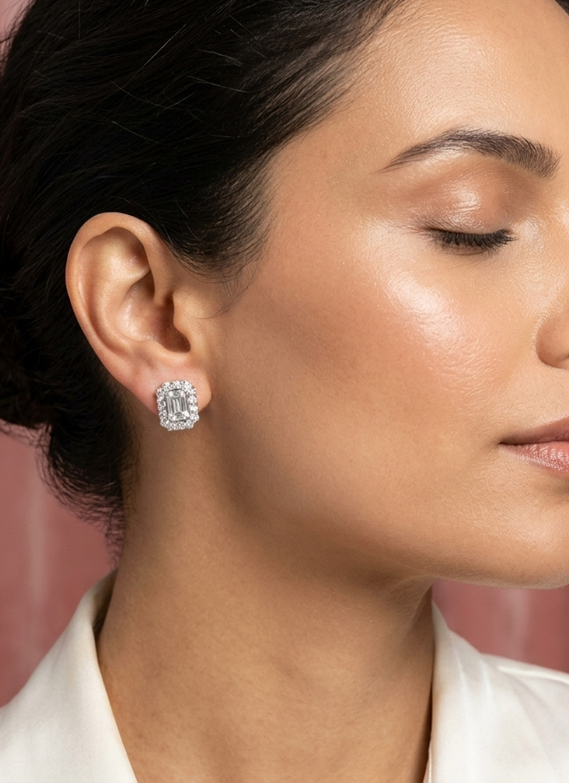 925 Sterling Silver Moissanite Emerald Cut Octagonal Halo Stud Earrings After Six Wear