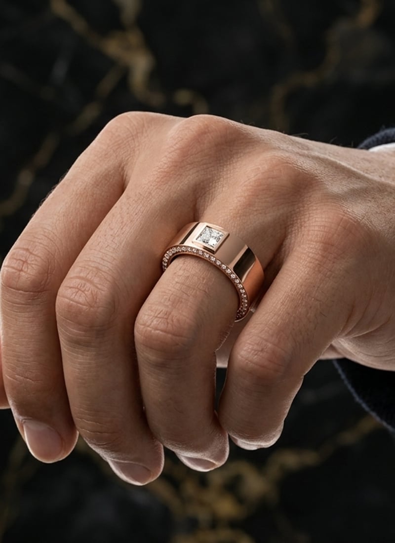 925 Sterling Silver Rose Gold Princess Solitaire Pave Moissanite Ring For Men