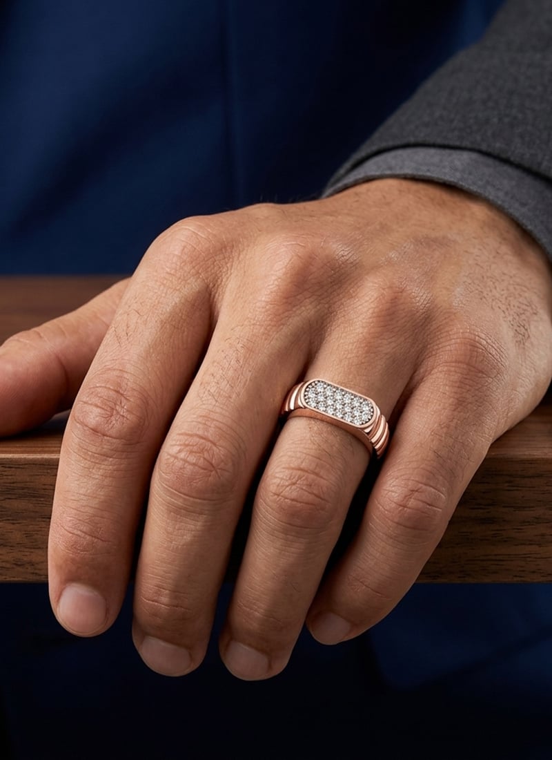 925 Sterling Silver Rose Gold Rectangular Pave Moissanite Ring For Men