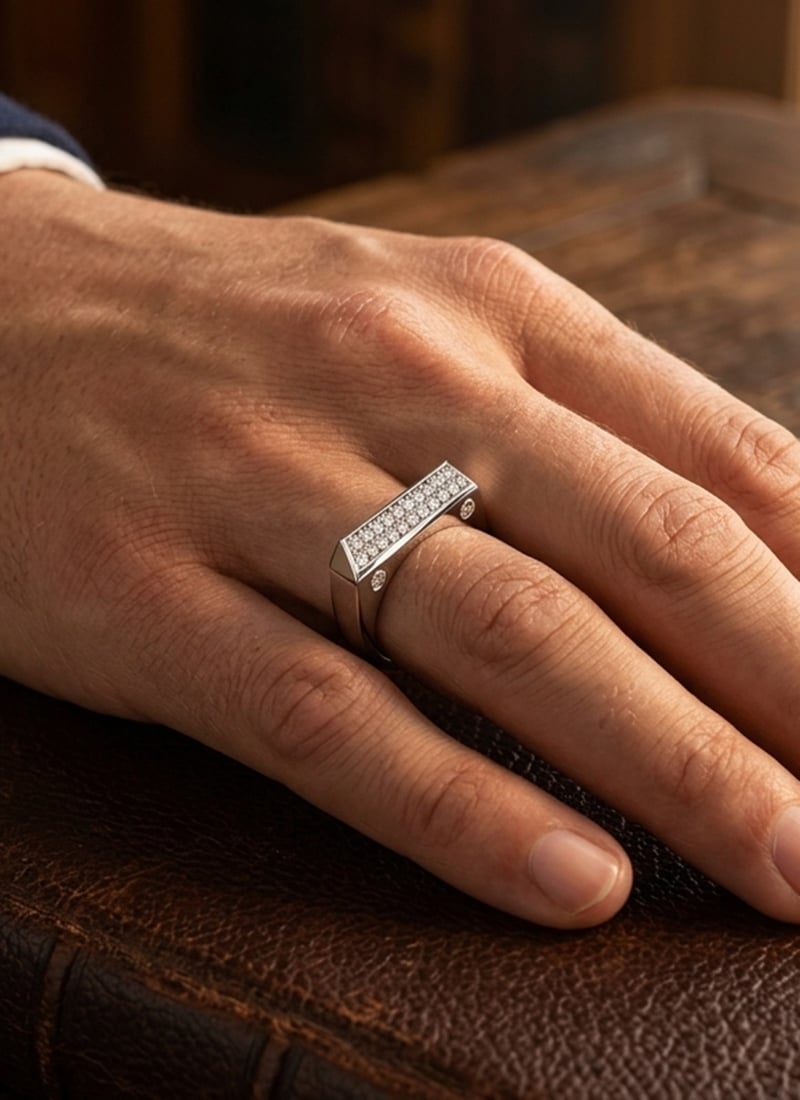 925 Sterling Silver Two Tone Bar Pave Moissanite Ring For Men