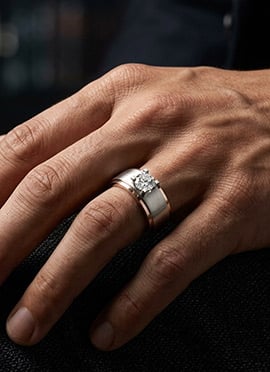 925 Sterling Silver Two Tone Broad Band Solitaire Moissanite Ring For Men