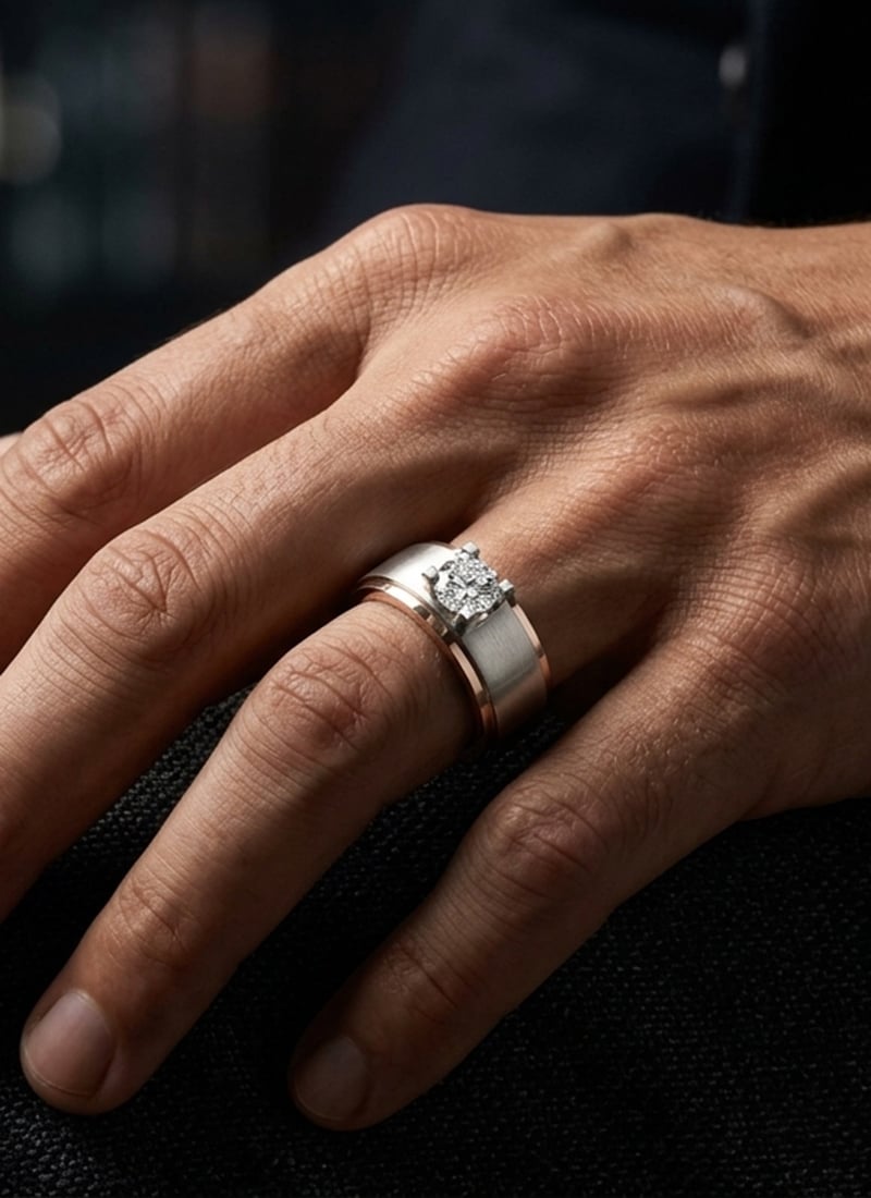 925 Sterling Silver Two Tone Broad Band Solitaire Moissanite Ring For Men