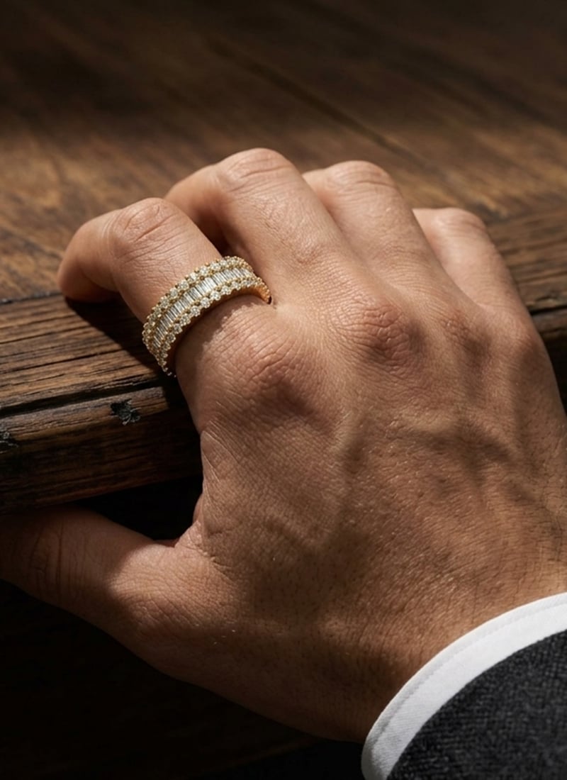 925 Sterling Silver Yellow Gold Baguette Pave Moissanite Band Ring For Men