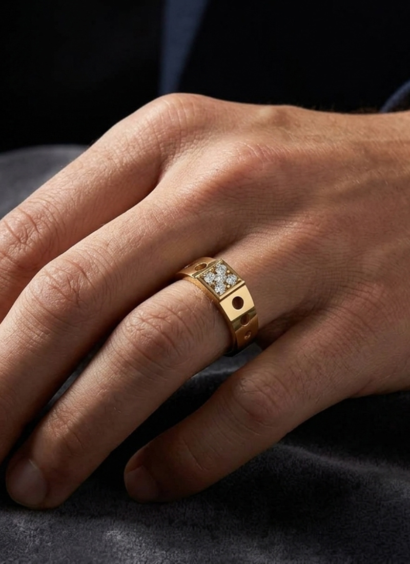 925 Sterling Silver Yellow Gold Cutout Square Cluster Moissanite Ring For Men