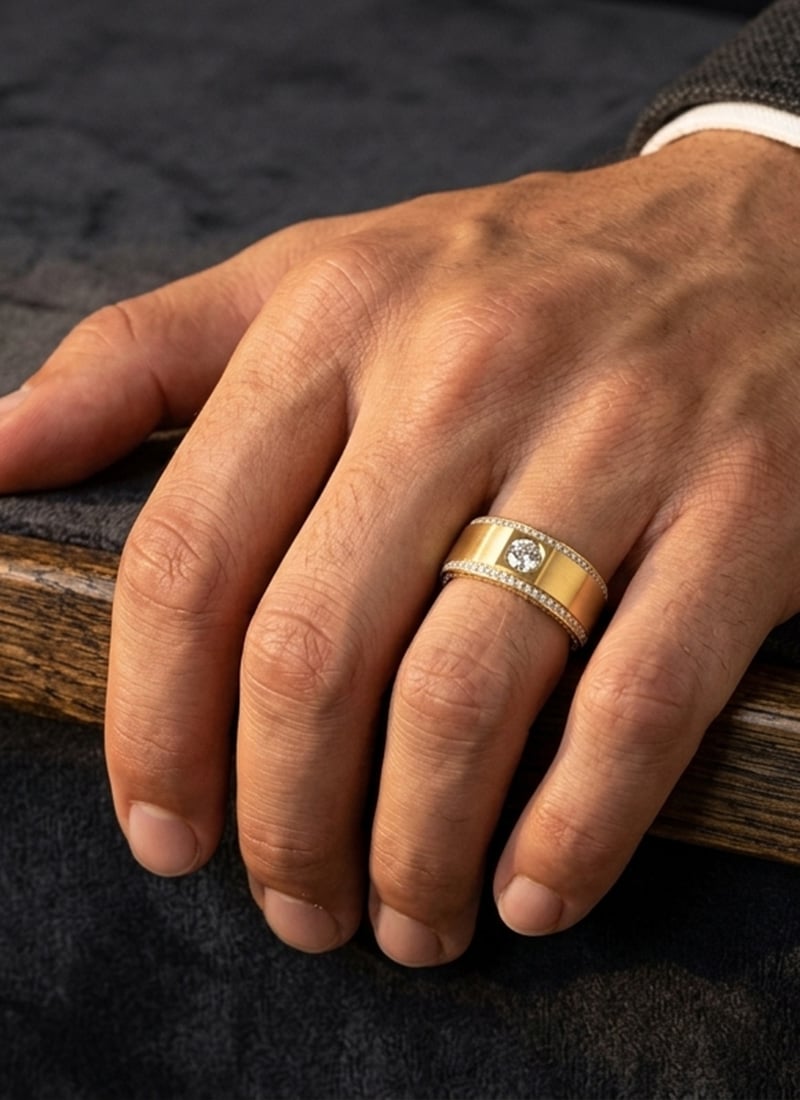 925 Sterling Silver Yellow Gold Floral Pave Moissanite Band Ring For Men