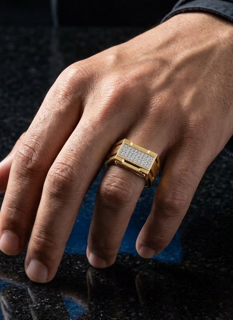 925 Sterling Silver Yellow Gold Rectangular Pave Moissanite Ring For Men