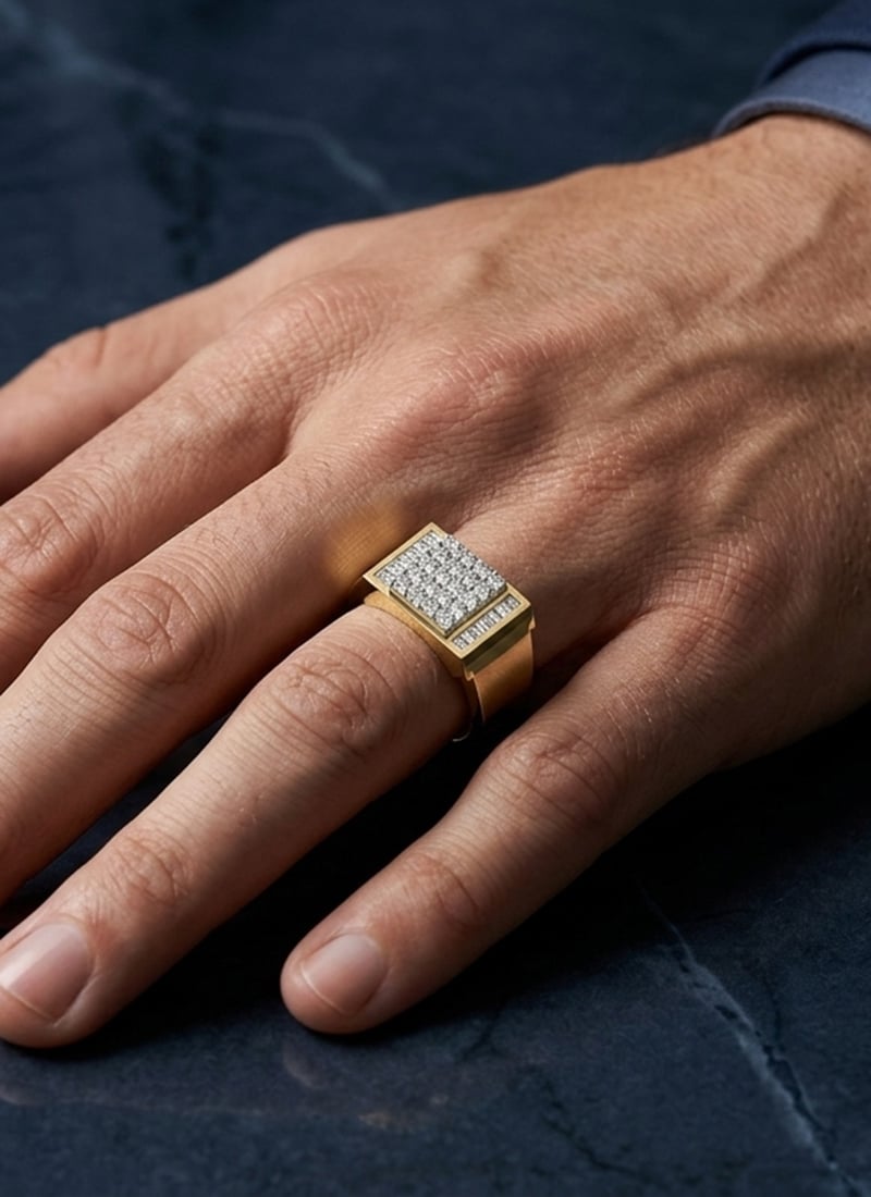 925 Sterling Silver Yellow Gold Rectangular Pave Moissanite Signet Ring For Men