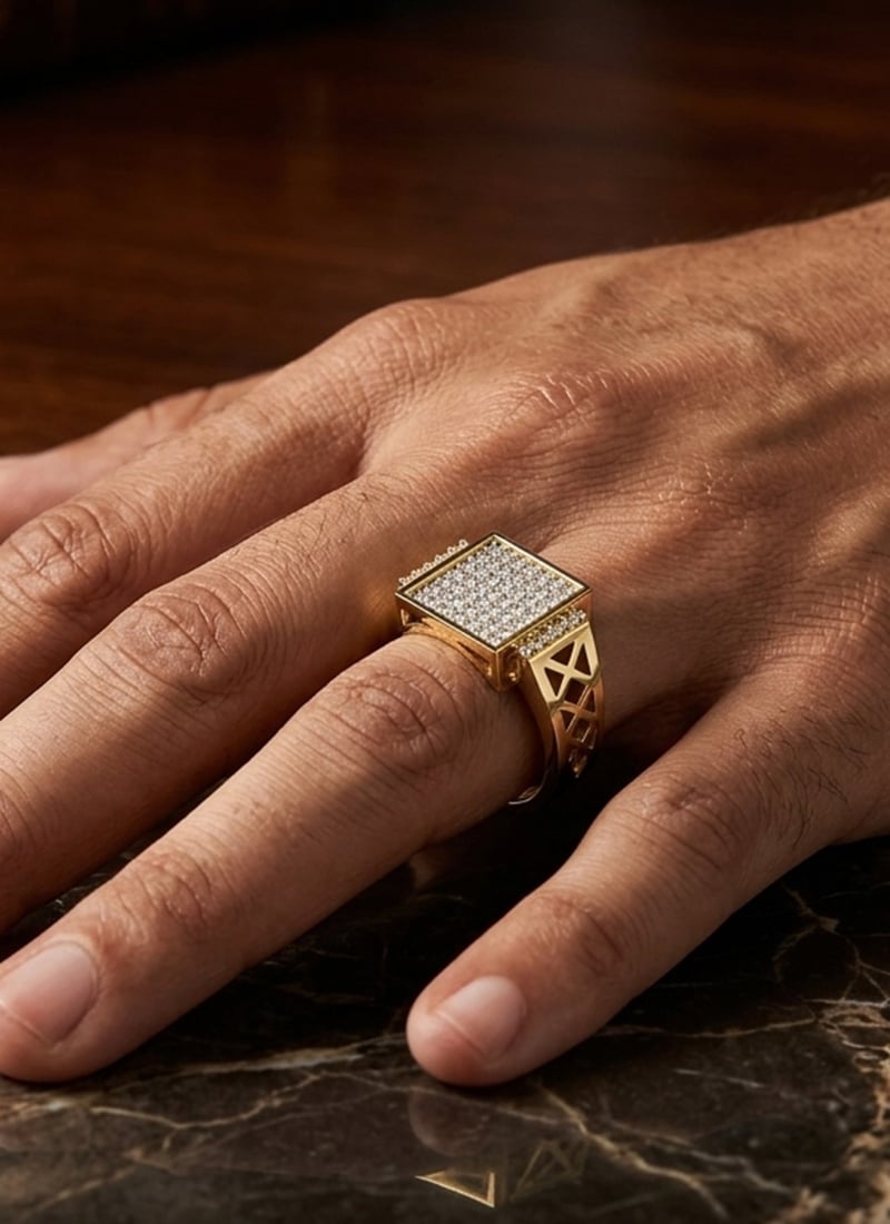 925 Sterling Silver Yellow Gold Square Pave Moissanite Signet Ring For Men