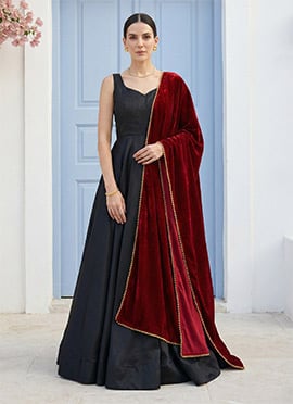 A Line Lehenga In Black Silk With Choli And Dupatta For Indian Women