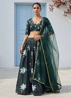 A Line Lehenga In Dark Green Crepe Printed And Dupatta For Indian Women