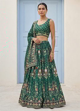 A Line Lehenga In Green Faux Crepe Floral Print With Choli And Dupatta