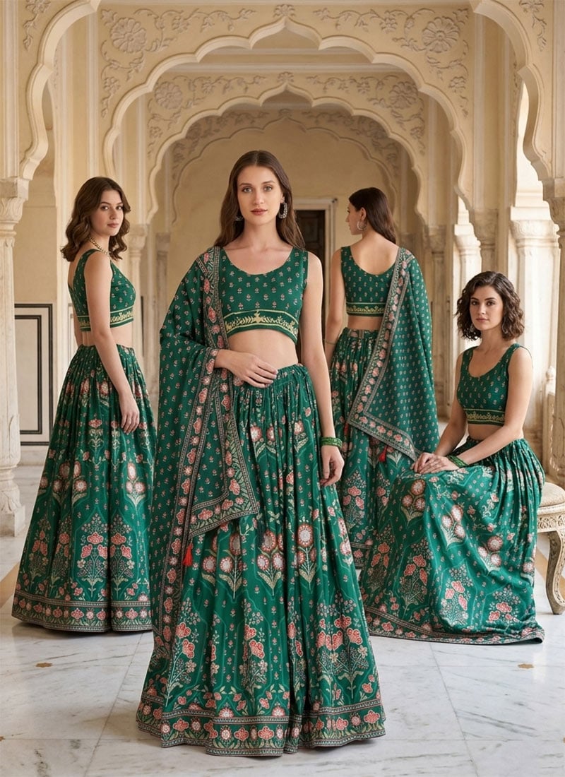 A Line Lehenga In Green Faux Crepe Floral Print With Choli And Dupatta Party Wear