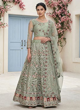 A Line Lehenga Pista Green Net Embroidered Stone With Choli And Dupatta