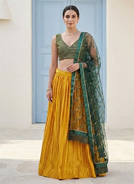 A Line Lehenga Women Mustard Satin Sequins Choli And Lace Border Dupatta