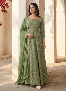 Anarkali Gown Pista Green Georgette Embroidered Sequins With Dupatta