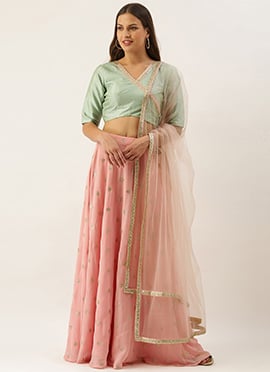 Angrakha Style Peach Embroidered Lehenga Set
