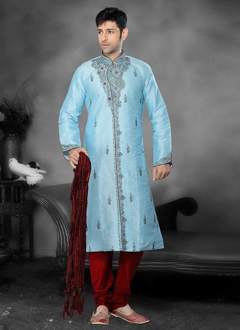 Appealing Turquoise Silk Kurta Pyjama