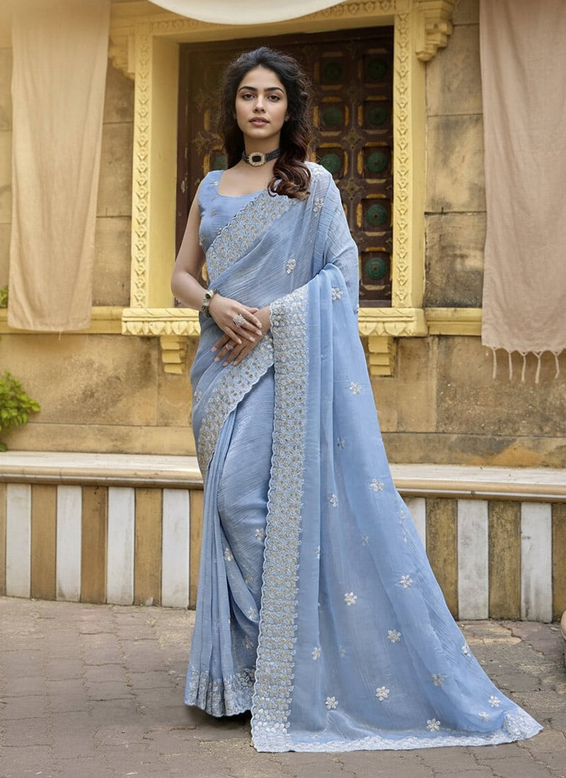Aqua Blue Crunchy Silk Thread Embroidered Sequins Saree