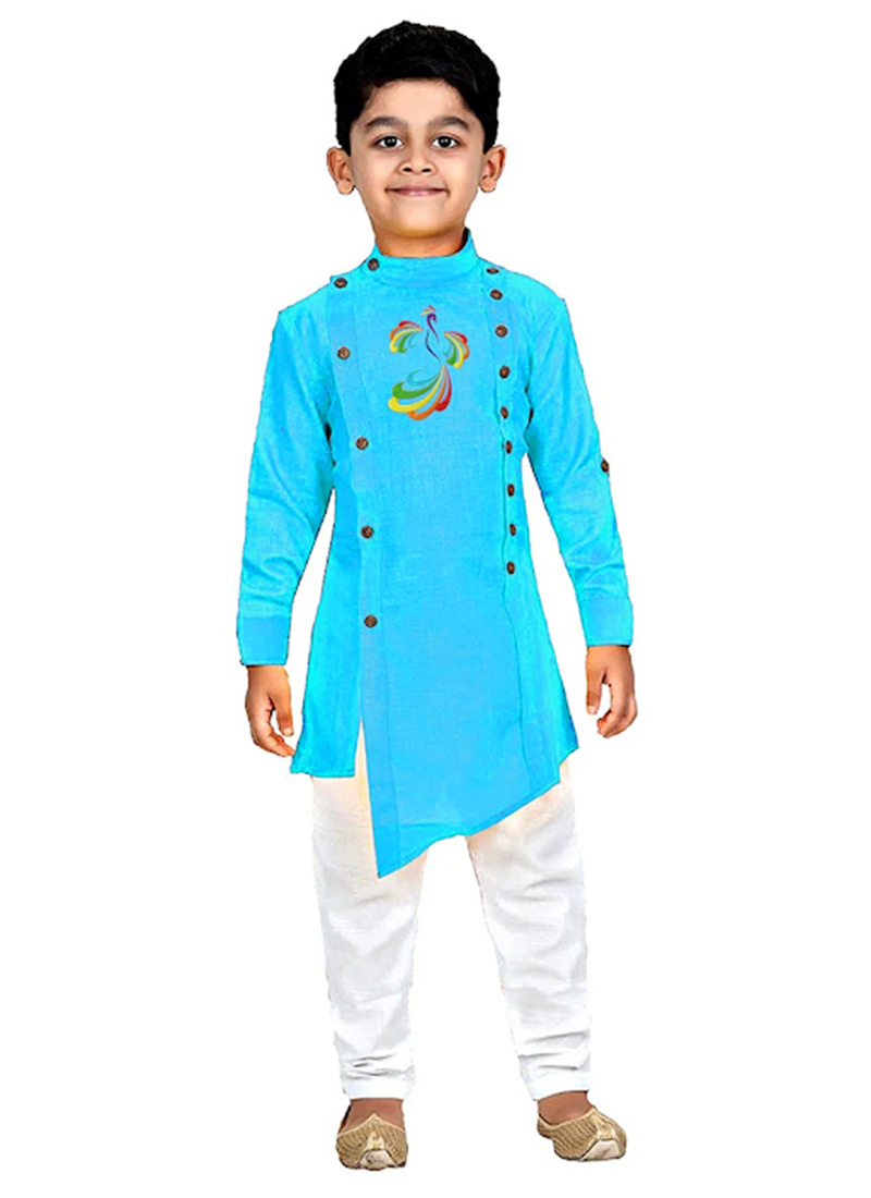 Aqua Blue Dupion Silk Embroidered Kurta Pyjama