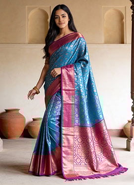 Aqua Blue Litchi Silk Zari Jacquard Saree A Classy Wear