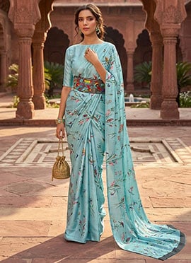 Aqua Blue faux Crepe Digital Print Saree