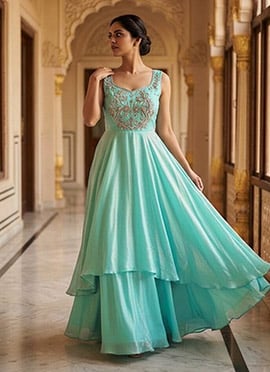 Aqua Green Fendy Silk Beaded Sequin Gown