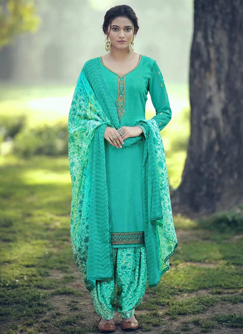 Aqua Green Royal French Crepe Embroidered N Printed Salwar Suit Work Wear