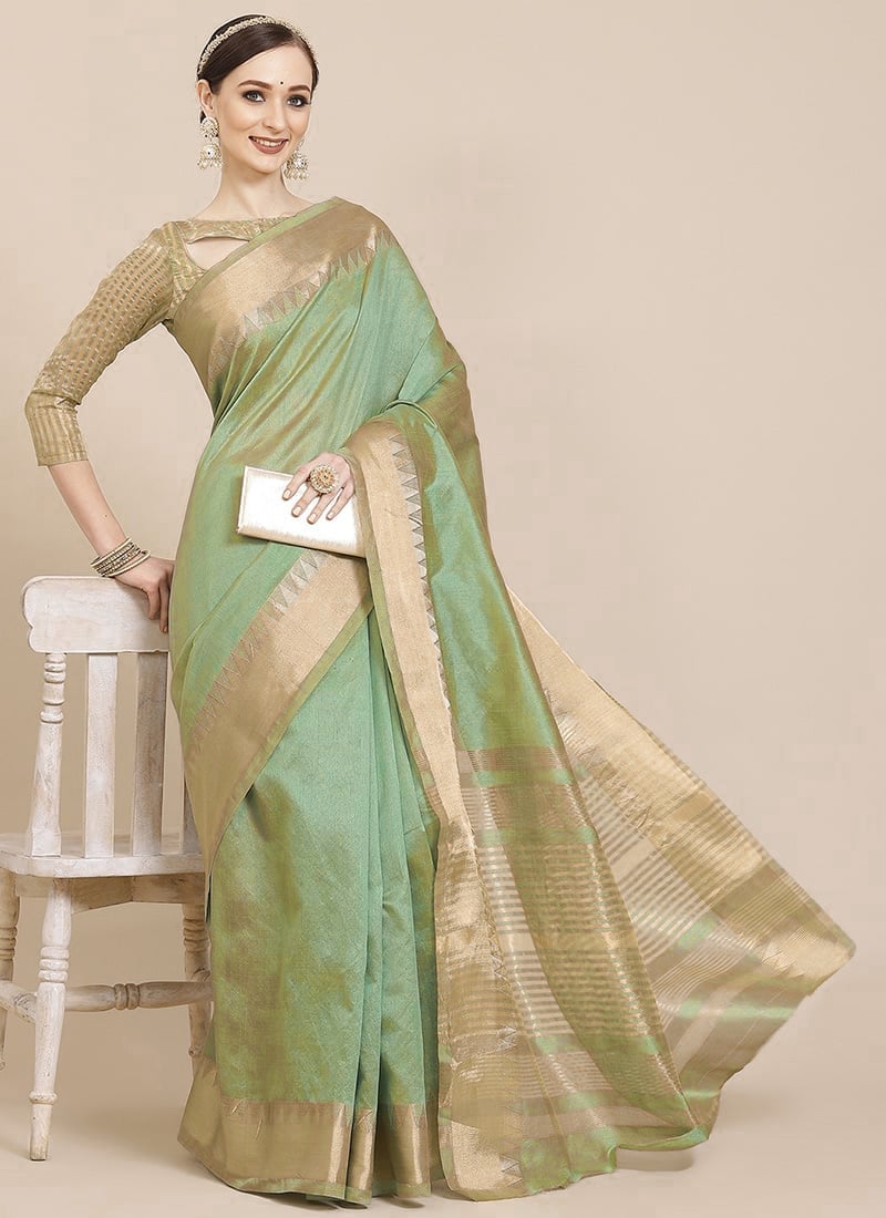 Assam Cotton Silk Printed Zari Border Work Saree Festive Wear